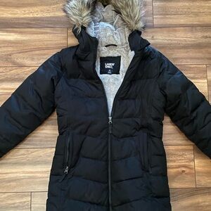 Lands' End Girls Black Jacket with Faux Fur Hood